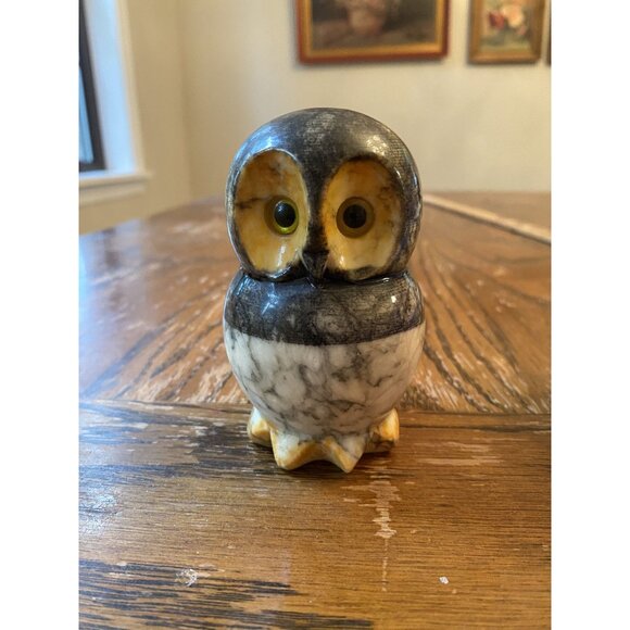 Handcrafted Marble Owl Figurine - 4" Tall - Hand-Painted Eyes - Decorative Colle - Picture 1 of 7